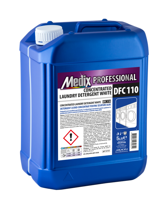 Detergent profesional concentrat pentru rufe albe – Medix DFC 110 – 5L, eficiență la temperaturi înalte